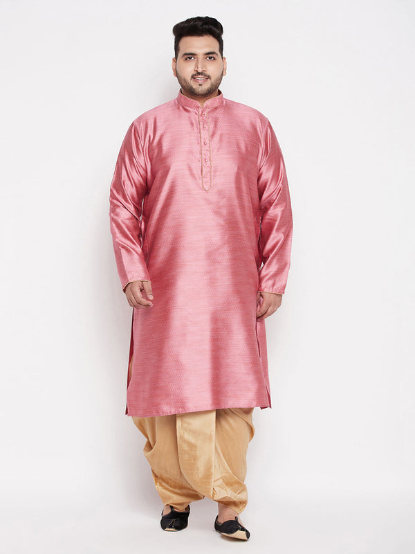 Jashvi Men's Plus Size Pink Woven Kurta And Rose Gold Dhoti Set