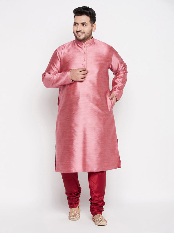 Jashvi Men's Plus Size Pink Woven Kurta And Maroon Pyjama Set