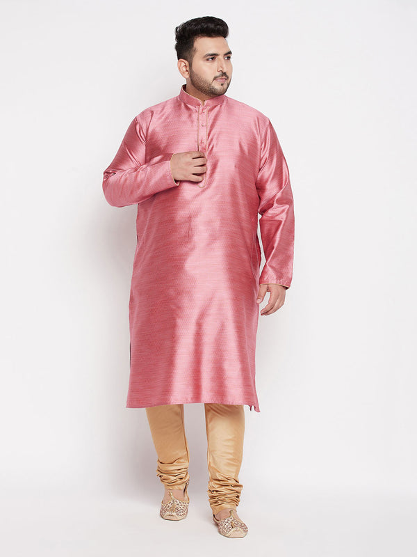 Jashvi Men's Plus Size Pink Woven Kurta And Rose Gold Pyjama Set