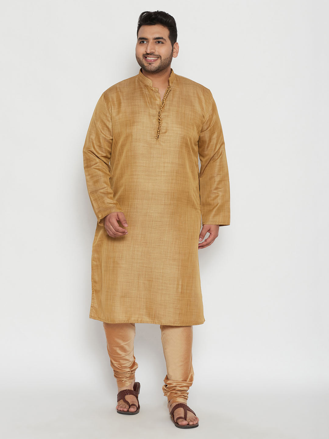 Men's Plus Beige And Rose Gold Viscose Blend Kurta - Vastramay