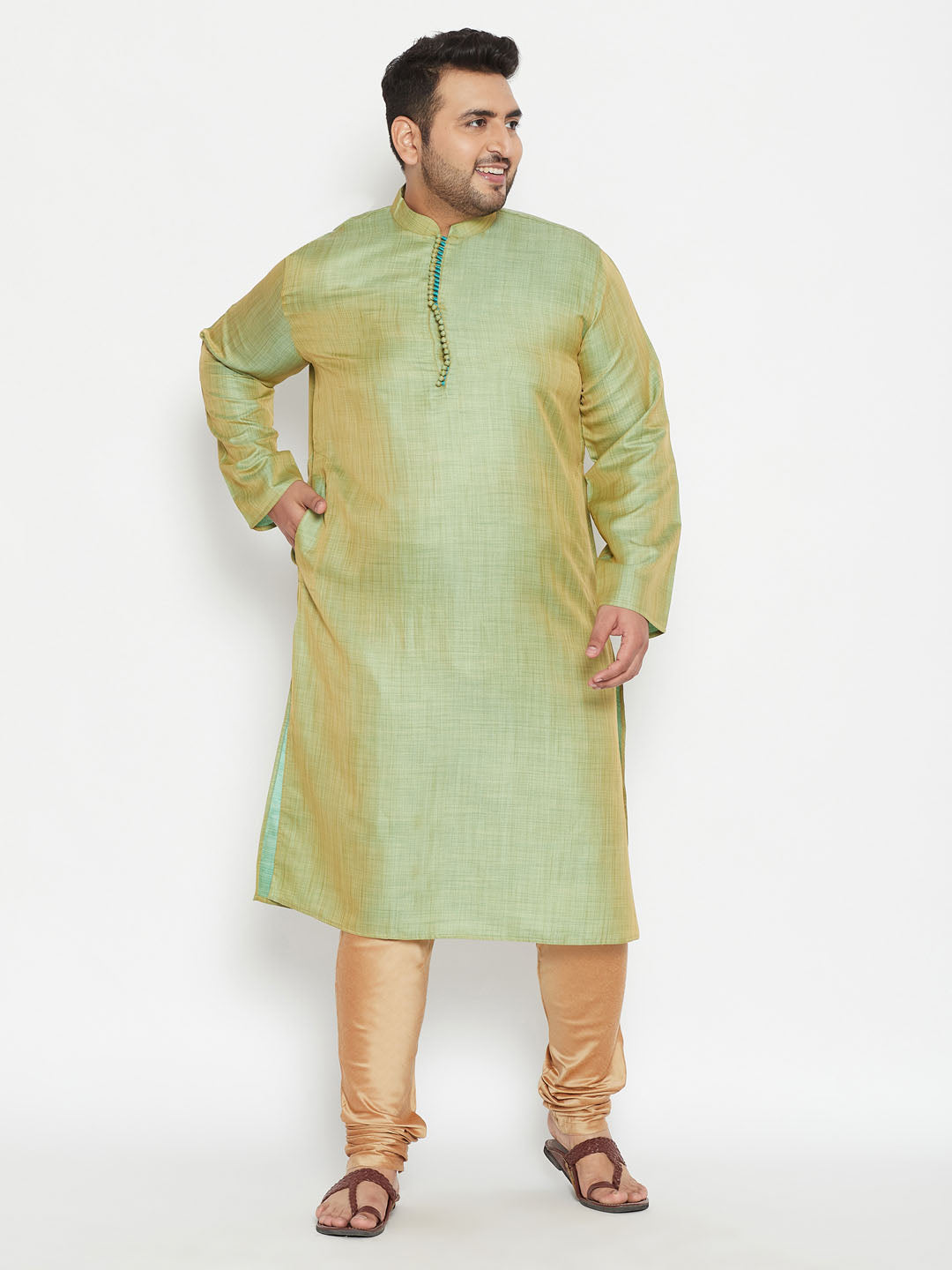 Men's Plus Mint Green And Rose Gold Viscose Blend Kurta - Vastramay