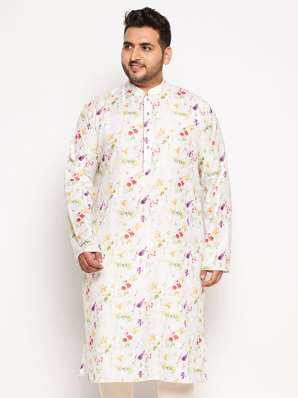 Jashvi Men's Plus Size Cream Cotton Blend Printed Kurta