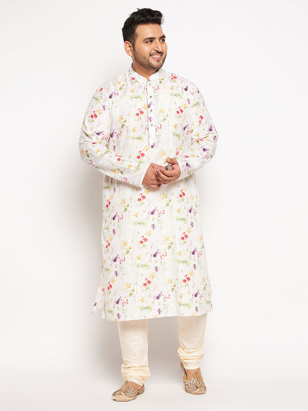 Jashvi Men's Plus Size Cream Cotton Blend Printed Kurta and Solid Pyjama Set