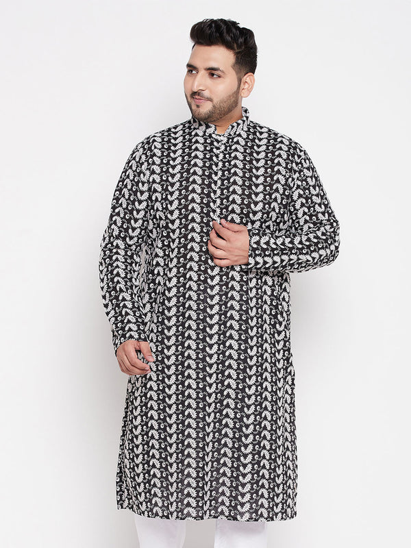 Jashvi Men's Plus Size Black Chikankari Embroidered Kurta