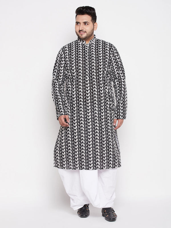 Jashvi Men's Plus Size Black Chikankari Embroidered Kurta And White Dhoti Set