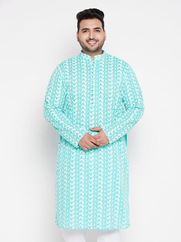 Jashvi Men's Plus Size Green Chikankari Embroidered Kurta