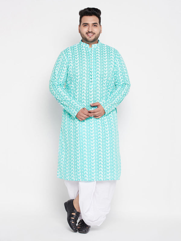 Jashvi Men's Plus Size Green Chikankari Embroidered Kurta And White Dhoti Set