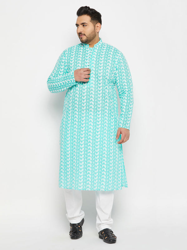 Jashvi Men's Plus Size Green Chikankari Embroidered Kurta And White Cotton Pant Style Pyjama Set