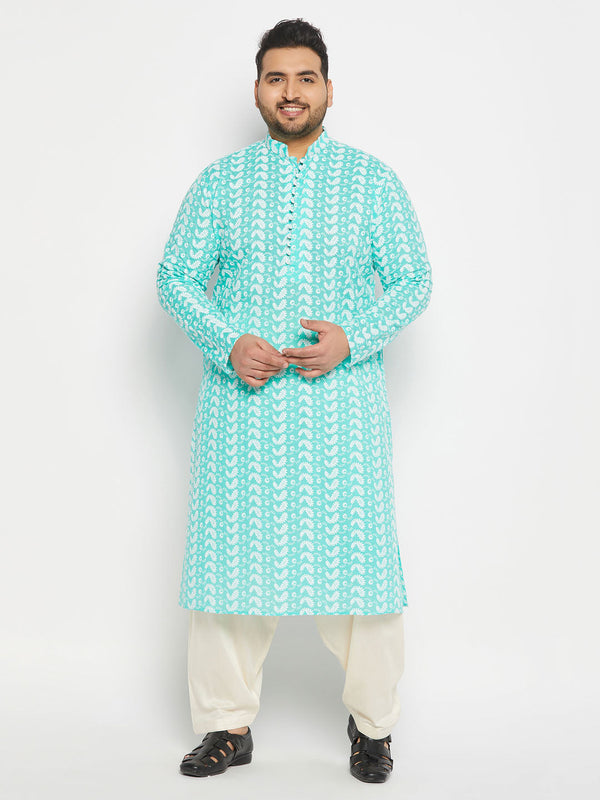 Jashvi Men's Plus Size Green Chikankari Embroidered Kurta And Cream Patiala Set