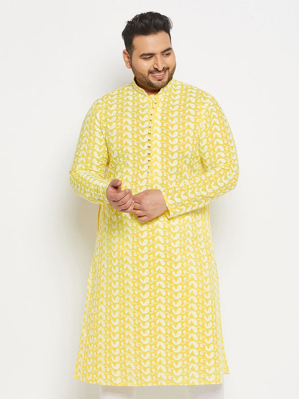 Jashvi Men's Plus Size Mustard Chikankari Embroidered Kurta