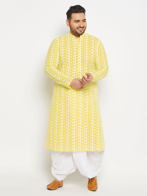 Jashvi Men's Plus Size Mustard Chikankari Embroidered Kurta And White Dhoti Set