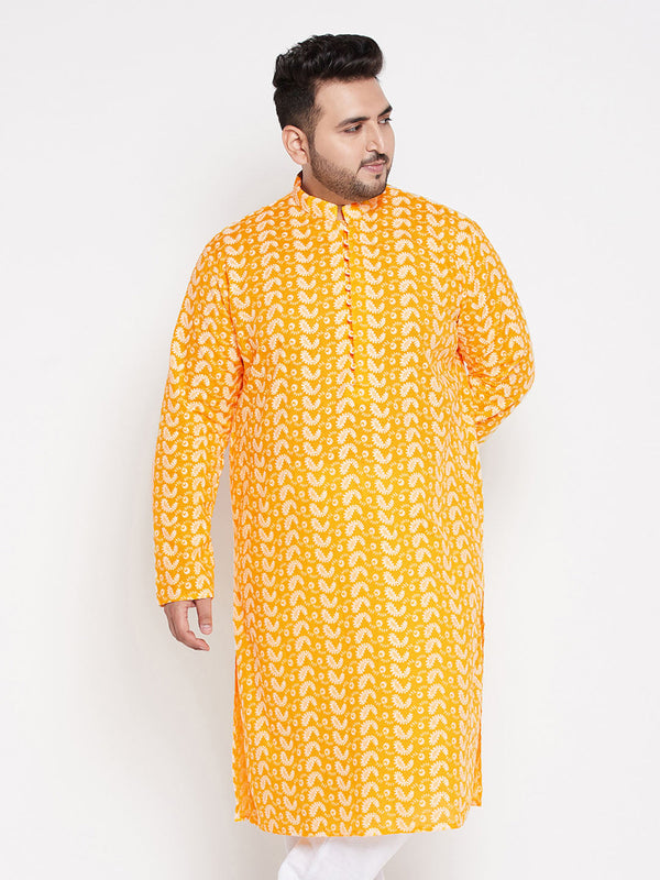 Jashvi Men's Plus Size Orange Chikankari Embroidered Kurta