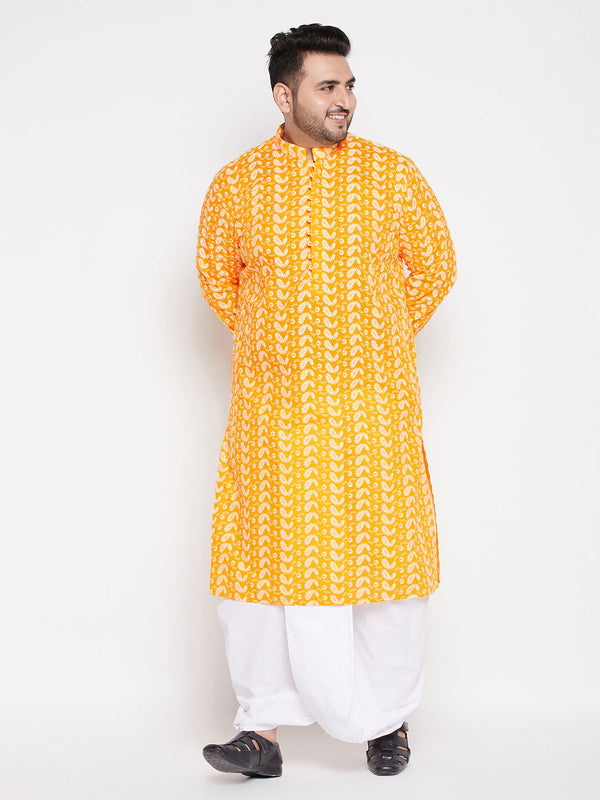 Jashvi Men's Plus Size Orange Chikankari Embroidered Kurta And White Dhoti Set