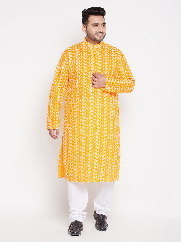 Jashvi Men's Plus Size Orange Chikankari Embroidered Kurta And White Pyjama Set