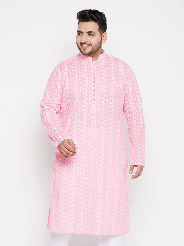 Jashvi Men's Plus Size Pink Chikankari Embroidered Kurta