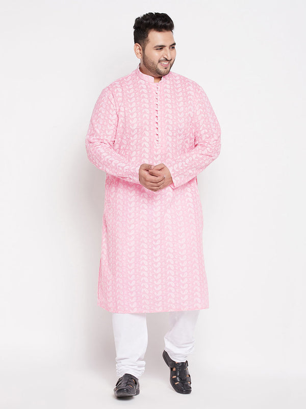 Jashvi Men's Plus Size Pink Chikankari Embroidered Kurta And White Pyjama Set