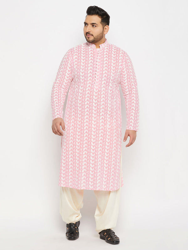 Jashvi Men's Plus Size Pink Chikankari Embroidered Kurta And Cream Patiala Set