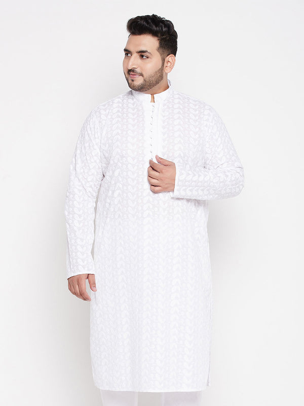 Jashvi Men's Plus Size White Chikankari Embroidered Kurta