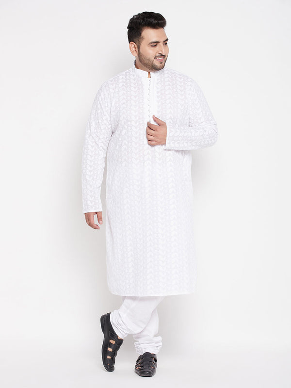 Jashvi Men's Plus Size White Chikankari Embroidered Kurta And White Pyjama Set