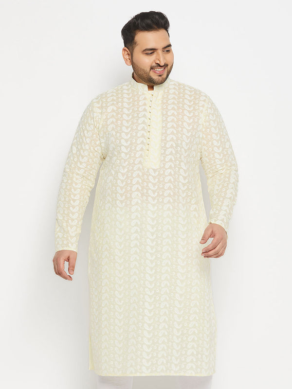 Jashvi Men's Plus Size Yellow Chikankari Embroidered Kurta