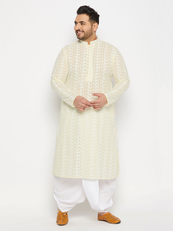 Jashvi Men's Plus Size Yellow Chikankari Embroidered Kurta And White Dhoti Set