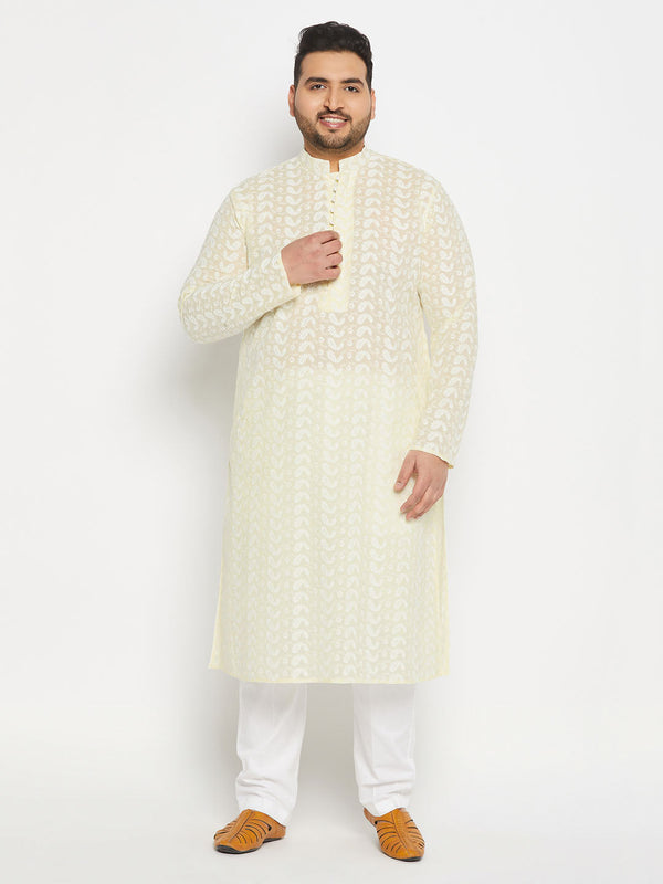 Jashvi Men's Plus Size Yellow Chikankari Embroidered Kurta And White Cotton Pant Style Pyjama Set