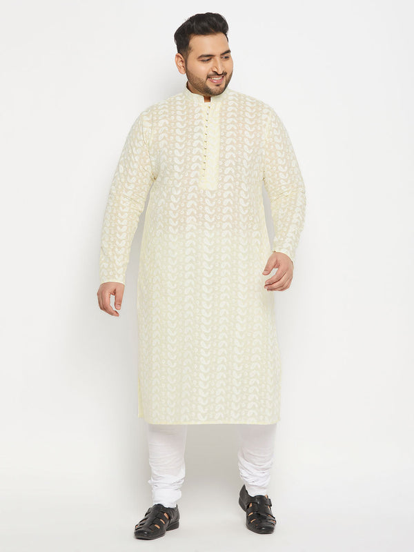 Jashvi Men's Plus Size Yellow Chikankari Embroidered Kurta And White Pyjama Set