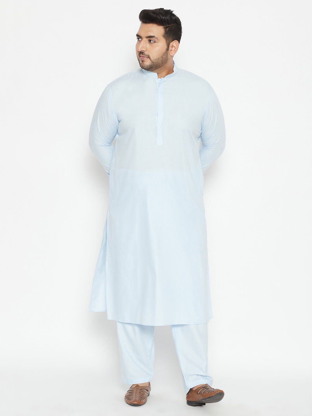 Men's Plus Aqua Blue Cotton Blend Pathani Set - Vastramay