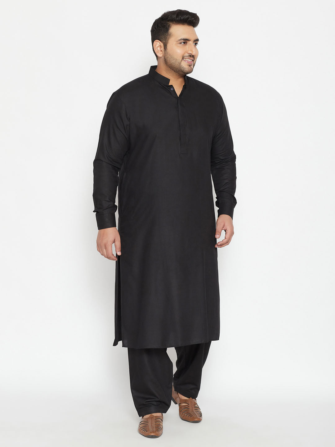 Men's Plus Black Cotton Blend Pathani Set - Vastramay