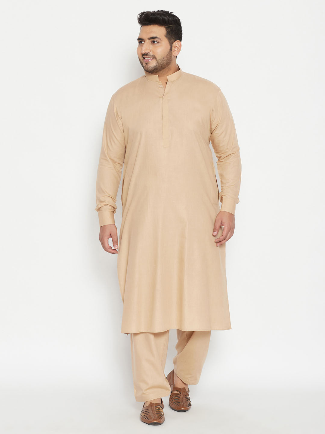 Men's Plus Light Brown Cotton Blend Pathani Set - Vastramay