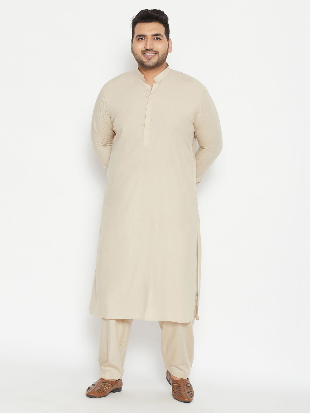 Men's Plus Green Cotton Blend Pathani Set - Vastramay