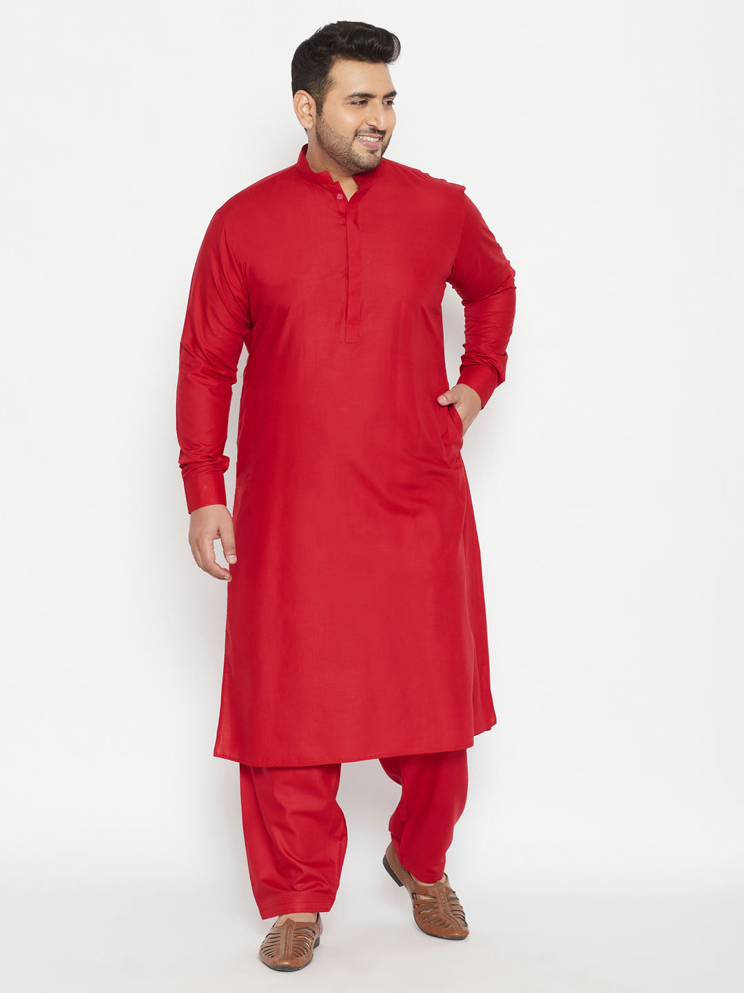 Men's Plus Maroon Cotton Blend Pathani Set - Vastramay