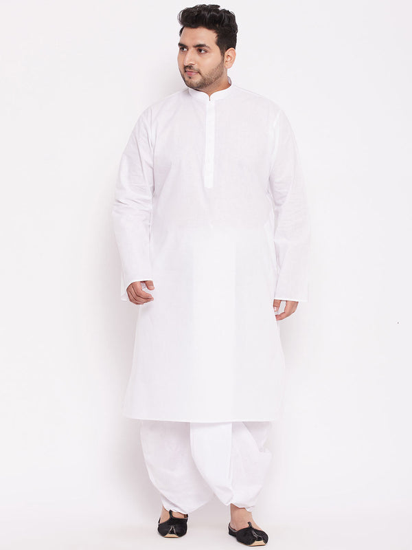 Jashvi Men's Plus Size White Cotton Kurta And Dhoti Set