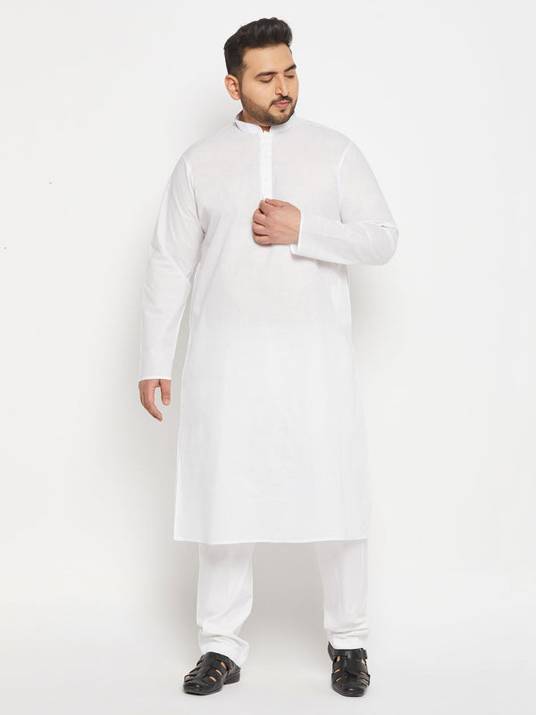 Jashvi Men's Plus Size White Cotton Kurta And Cotton Pant Style Pyjama Set