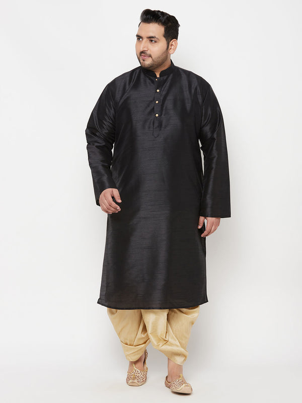 Jashvi Men's Plus Size Black Silk Blend Kurta And Gold Dhoti Set