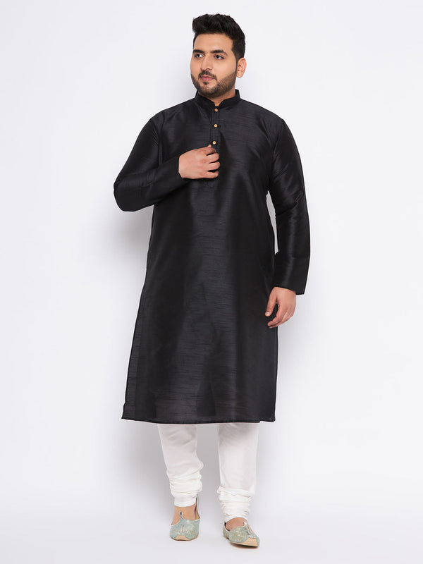 Jashvi Men's Plus Size Black Cotton Silk Blend Kurta and Cream Pyjama Set