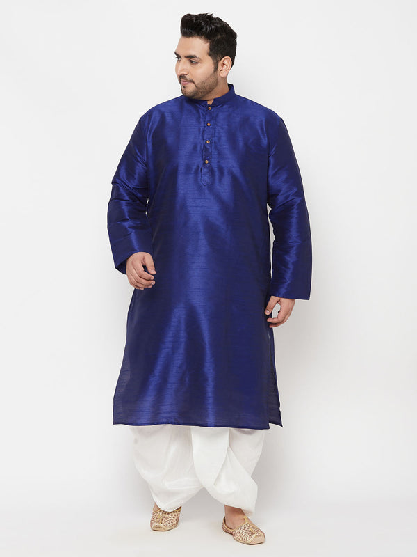 Jashvi Men's Plus Size Dark Blue Silk Blend Kurta And White Dhoti Set