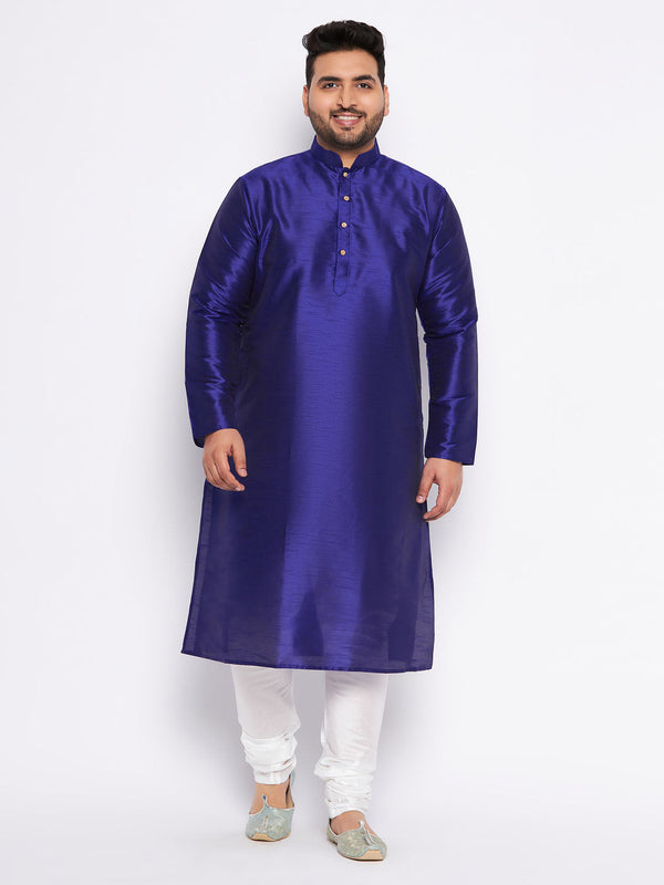 Jashvi Men's Plus Size Dark Blue Silk Blend Kurta And White Pyjama Set