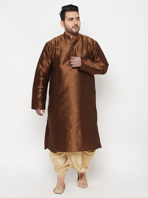 Jashvi Men's Plus Size Coffee Silk Blend Kurta And Gold Dhoti Set