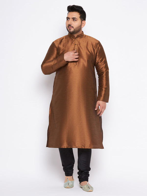 Jashvi Men's Plus Size Coffee Brown Silk Blend Kurta And Black Pyjama Set