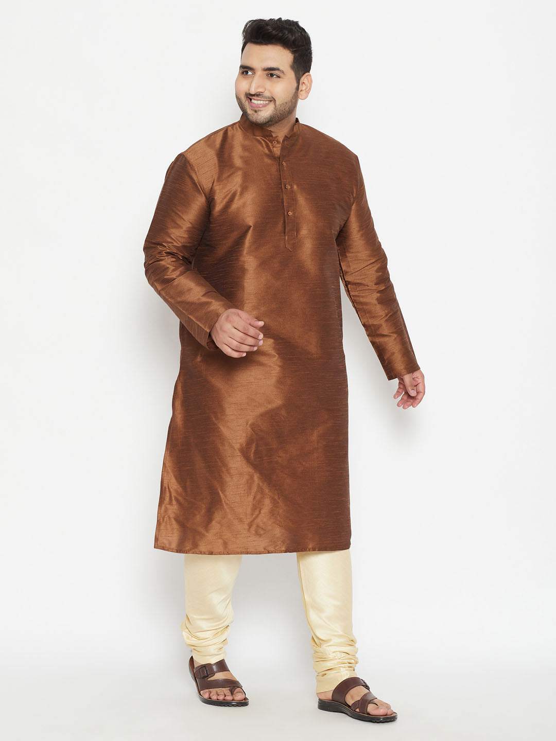 Men's Plus Coffee Brown And Gold Silk Blend Kurta Pyjama Set - Vastramay