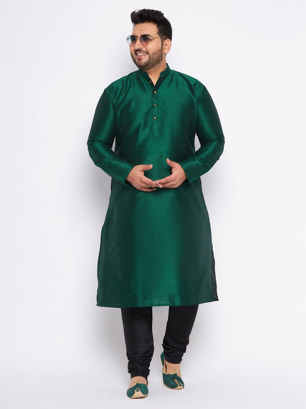 Jashvi Men's Plus Size Green Silk Blend Kurta And Black Pyjama Set