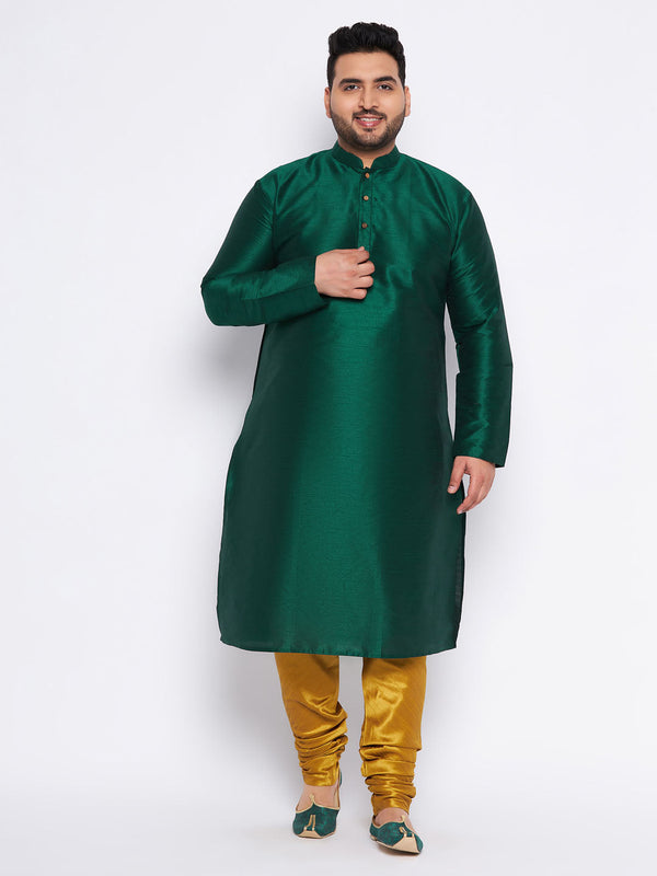 Jashvi Men's Plus Size Green Silk Blend Kurta And Mustard Pyjama Set