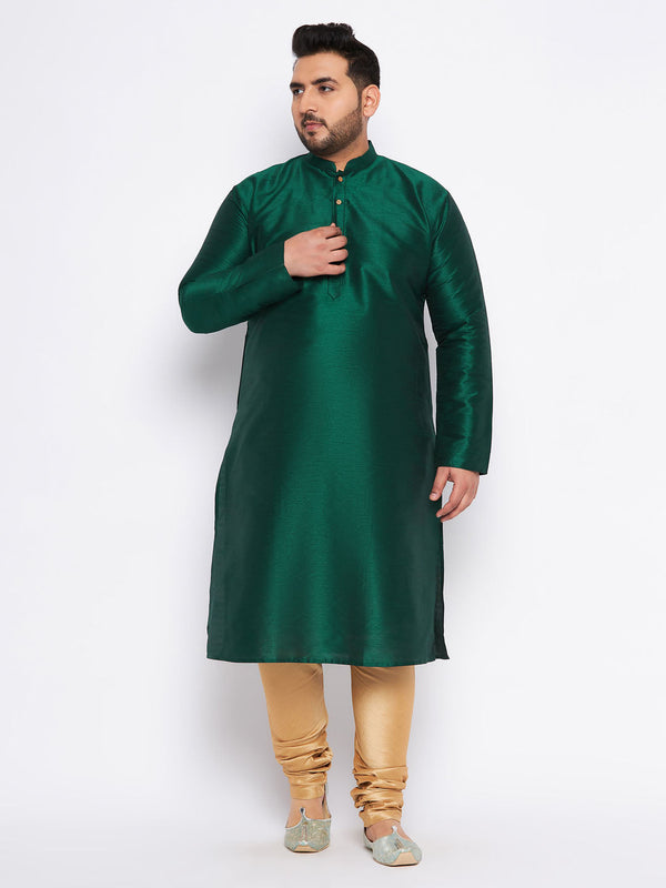 Jashvi Men's Plus Size Green Silk Blend Kurta And Rose Gold Pyjama Set