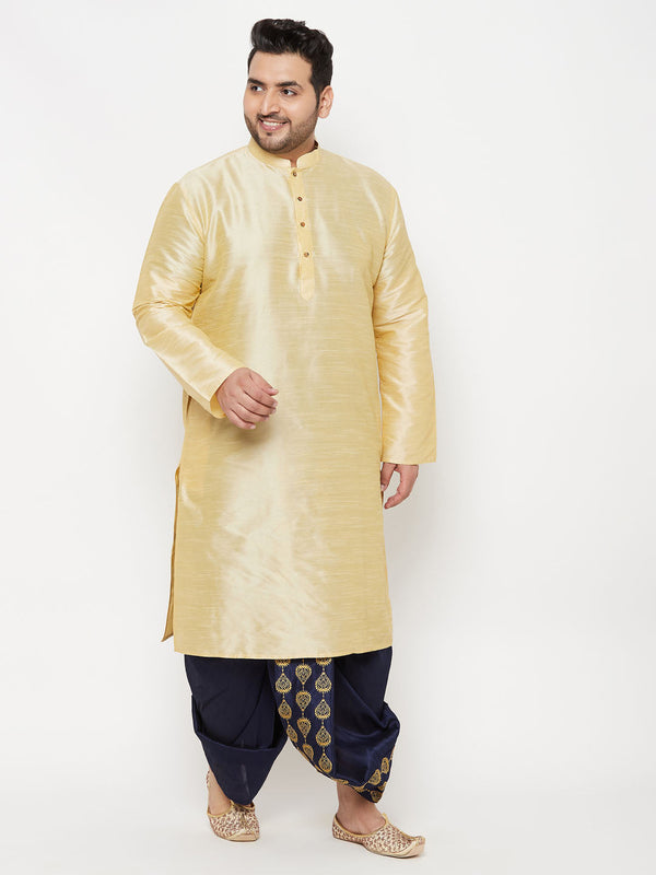 Jashvi Men's Plus Size Gold Silk Blend Kurta And Navy Blue Dhoti Set