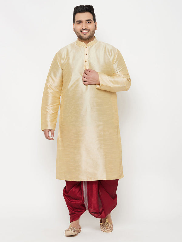 Jashvi Men's Plus Size Gold Silk Blend Kurta And Maroon Dhoti Set