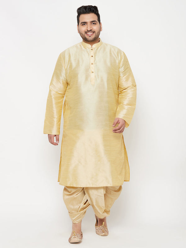 Jashvi Men's Plus Size Gold Silk Blend Kurta And Gold Dhoti Set