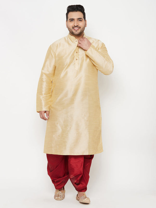 Jashvi Men's Plus Size Gold Silk Blend Kurta And Maroon Solid Dhoti Set