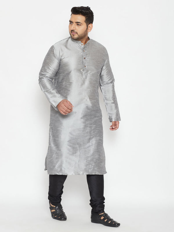 Jashvi Men's Plus Size Grey And Black Silk Blend Kurta Pyjama Set