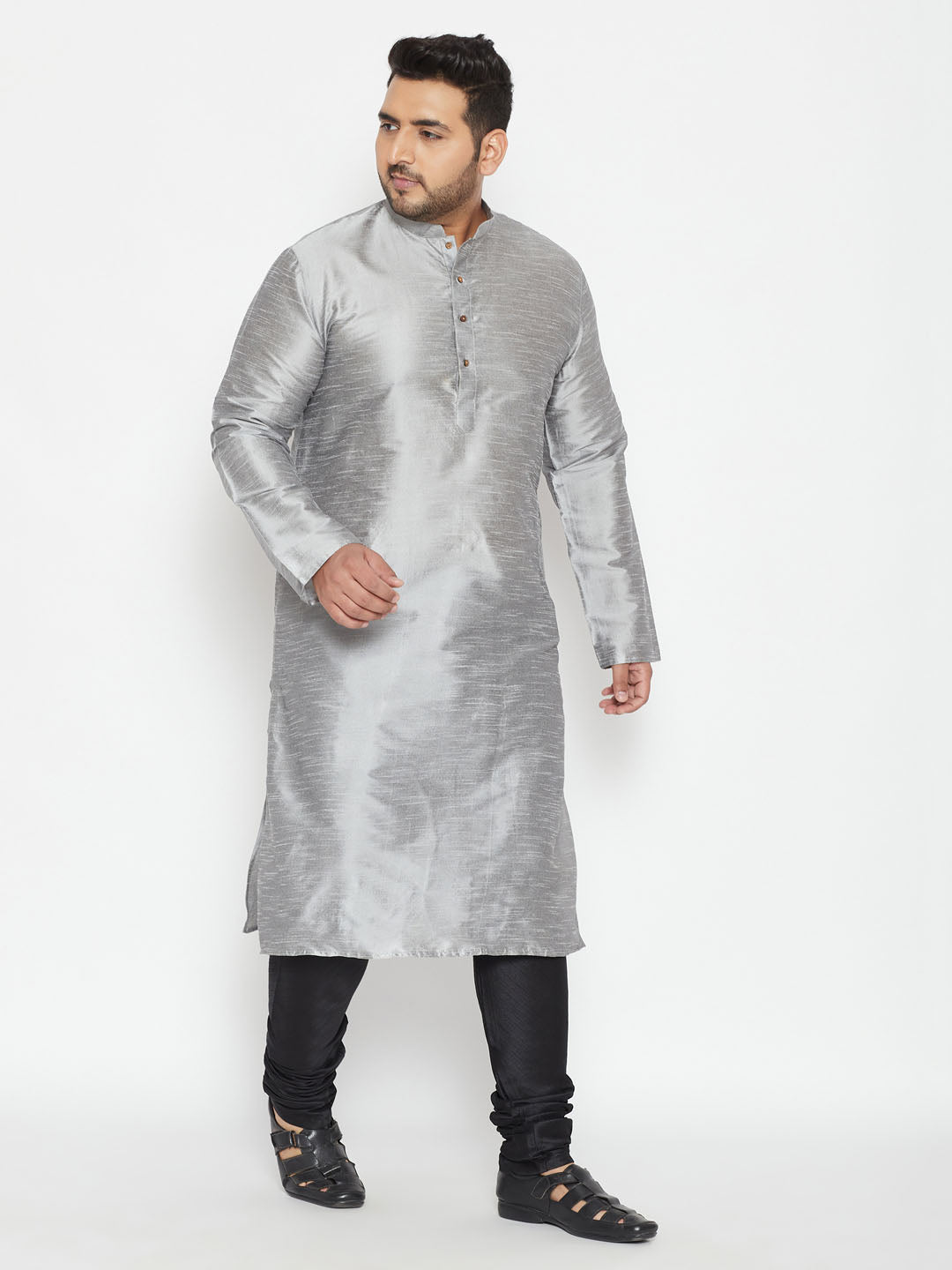 Men's Plus Grey And Black Silk Blend Kurta Pyjama Set - Vastramay